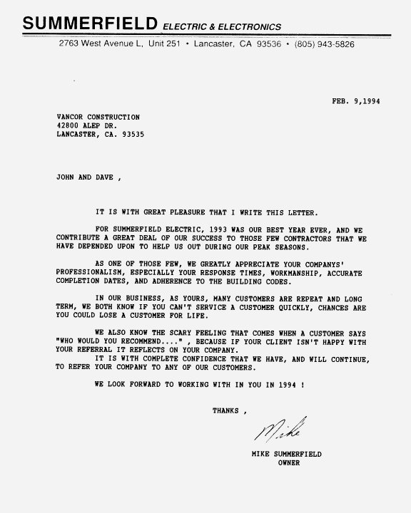 Summerfield Electric & Electronics letter of reference jpg